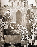 Рукоположение во епископы из «Жития св. Саввы». Сербская икона XVII века.
Храм, внутри которого происходит действие, дан с внешней стороны.