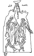 Миниатюра из Углицкой Псалтири 1485 г. Богоявление. В нижней части две аллегорические фигуры: бегущее море (фигура с распростертыми руками) и река Иордан (фигура с сосудом, из которого струится вода)