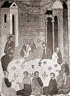 Тайная вечеря, икона XV века.
Передача соотношения фигур в пространстве: профильное изображение апостолов.