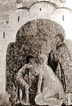 Деталь иконы "Акафист Казанской божьей матери" XVII век. Сочетание интерьера в центре изображения с экстерьером по его краям.