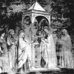 Джотто. "Сретение". Фреска капеллы дель Арена, Падуя. Около 1305-1307 гг. Толстая колонна отгородила престол от Младенца