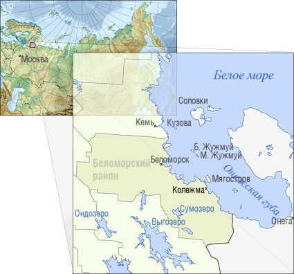 Расположение села Колежма на карте Беломорского района республики Карелия